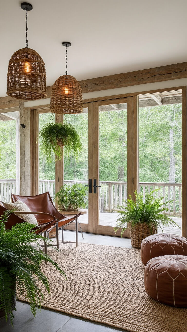 Twilight view of indoor-outdoor living space with sliding glass doors, leather sling chairs, wool poufs, reclaimed timber, pendant lights from vintage fishing baskets, natural fiber rug, and potted ferns.