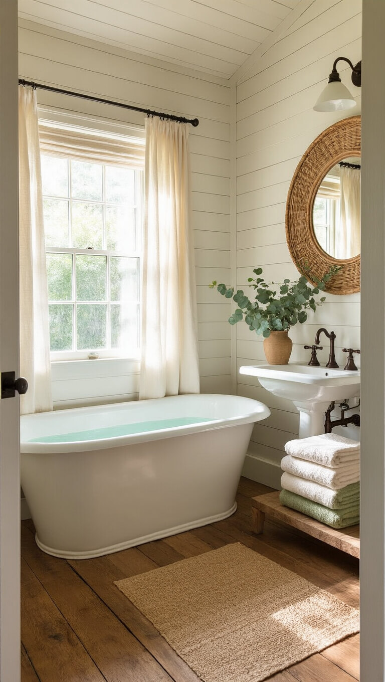 Sunlit cabin bathroom with vintage clawfoot tub, pedestal sink, and rustic decor at golden hour.