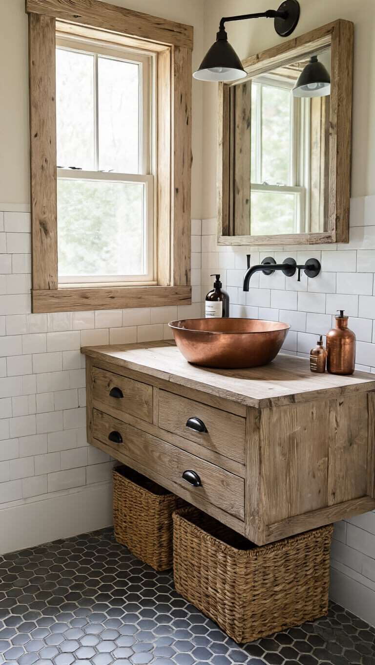 Rustic 5x7 ft bathroom corner with distressed pine vanity, copper vessel sink, black fixtures, and soft morning light through frosted window.