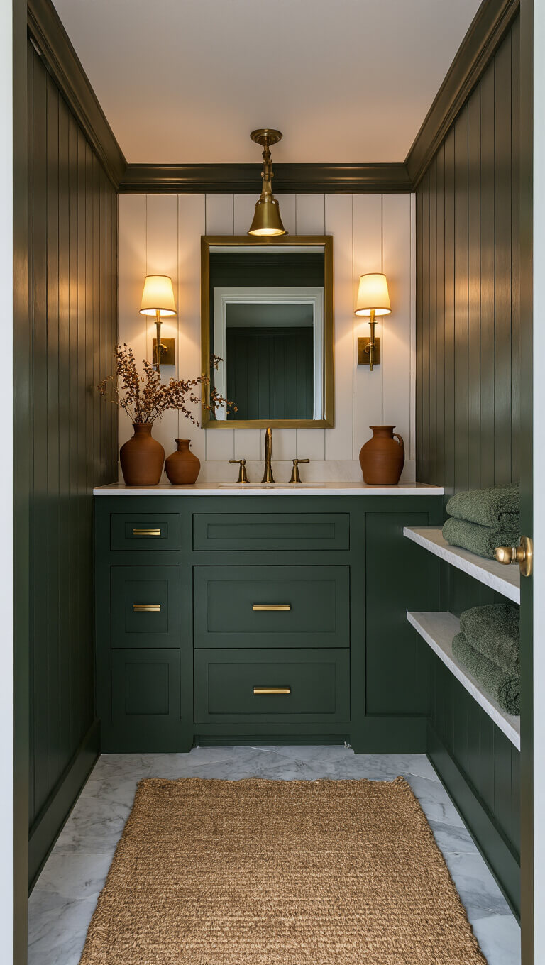 Dramatic dusk view of a small cabin bathroom with forest green board and batten walls, brass-framed mirror, warm sconces, oak shelves with earthenware, jute rug on marble floor, and moody evening lighting.