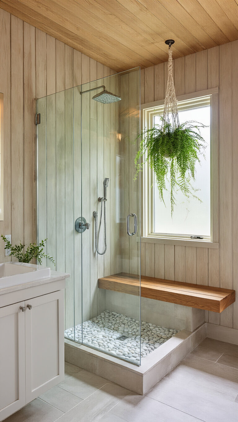 High-angle view of a bright spa-style cabin bathroom featuring a glass rainfall shower with pebble floor, cedar plank walls, teak bench, porcelain fixtures, macramé plant hanger with ferns, and textured glass window filtering natural light.