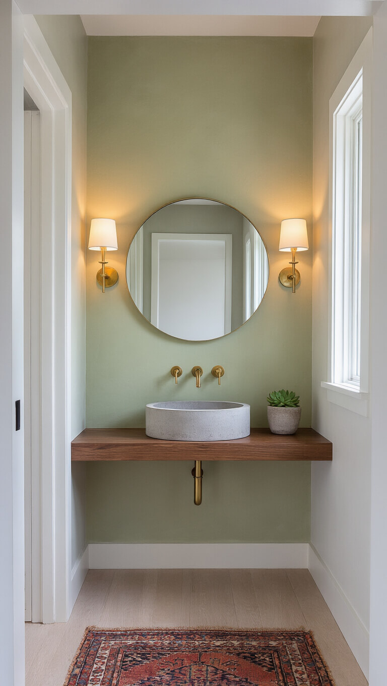 Minimalist 5x6 ft powder room with brass sconces, concrete vessel sink on walnut console, circular mirror, kilim runner, and pale gray lime-washed walls.