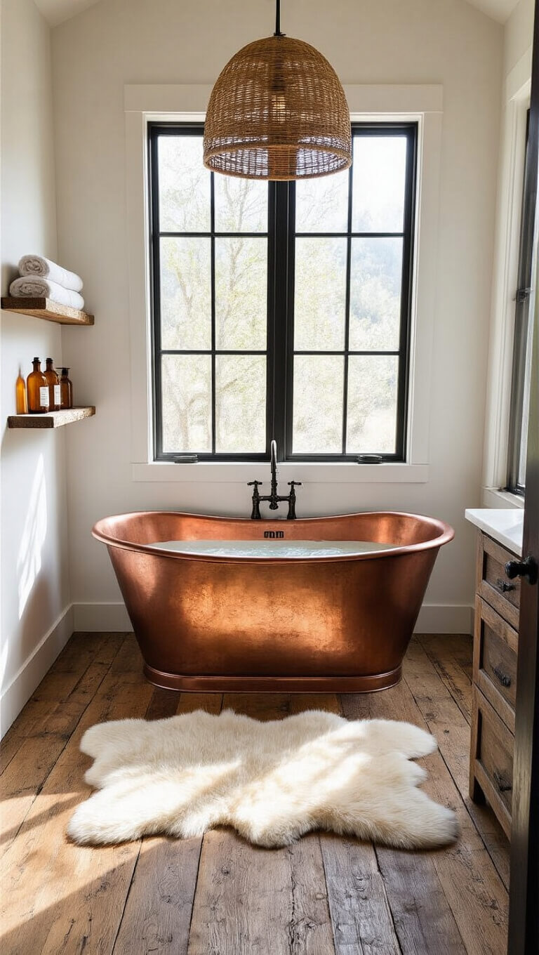 Aerial view of a rustic mountain cabin bathroom with a copper soaking tub on reclaimed wood floors, white plaster walls, black steel-framed window, sheepskin rug, and floating shelf with towels and amber bottles, lit by early morning natural light.