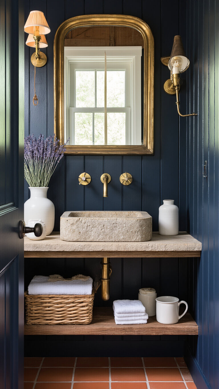 Low-angle view of cozy cabin bathroom nook with vintage brass faucet, stone vessel sink, navy beadboard walls, aged brass mirror, industrial sconces, reclaimed wood shelves, and terracotta floor tiles.