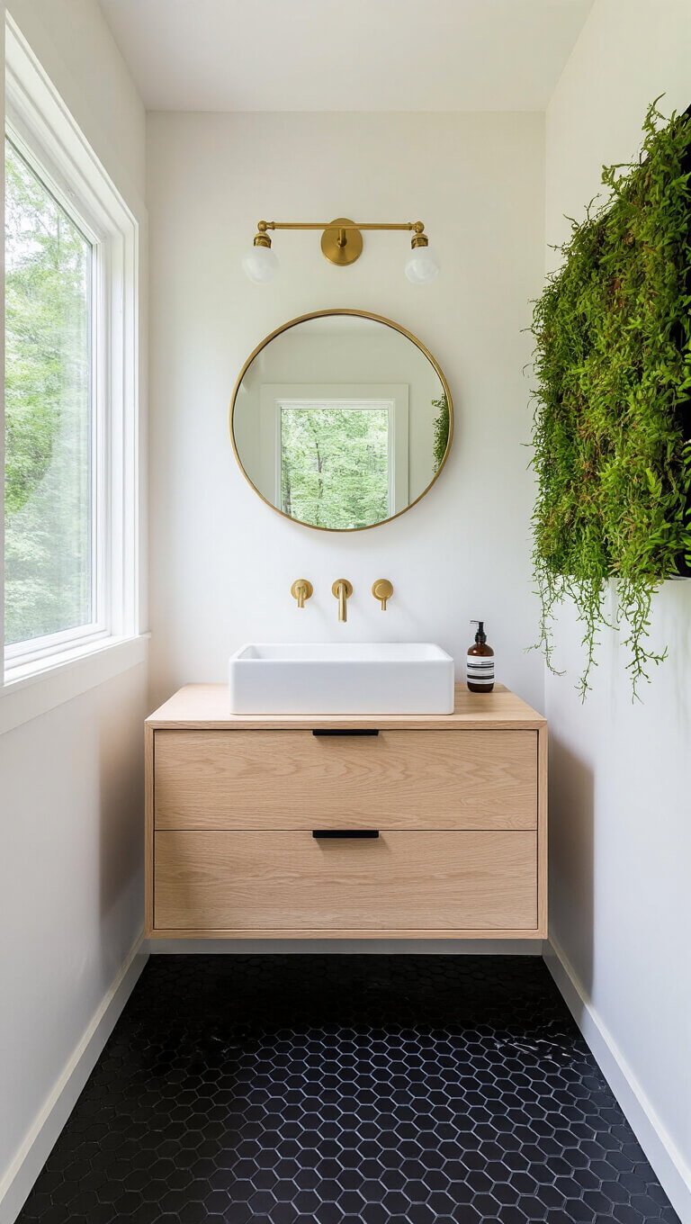Modern cabin bathroom with wall-mounted oak vanity, black hex tile floor, panoramic forest-view window, brass fixtures, round mirror, and air plant living wall.