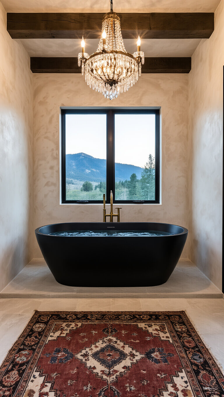 Luxury cabin bathroom at dusk with black soaking tub, mountain view, white Venetian plaster walls, dark ceiling beams, Persian rug, crystal chandelier, and brass fixtures.