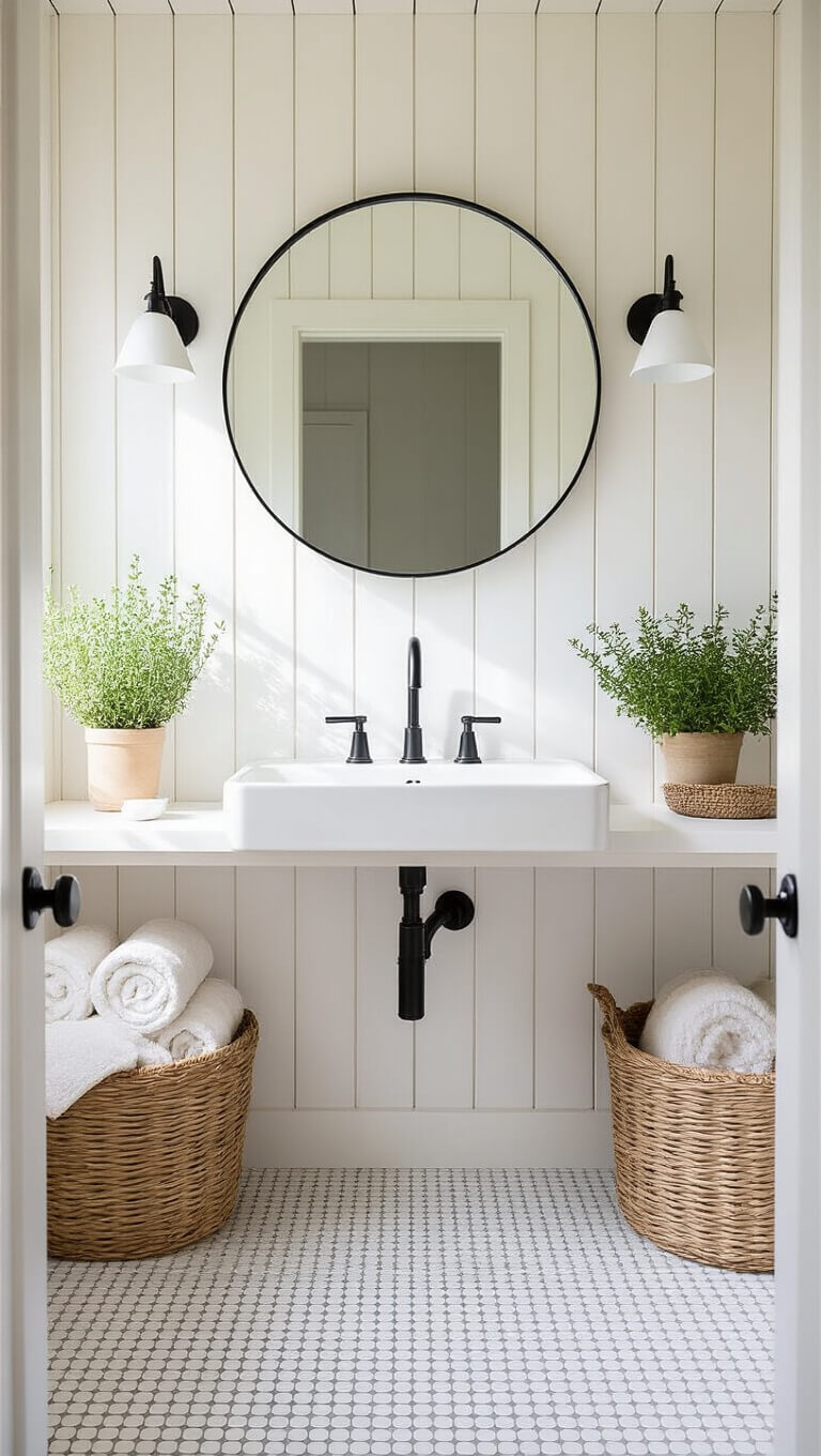 Scandinavian-style cabin bathroom with white penny tile floors, vertical pine walls, wall-mounted sink, black fixtures, round mirror, and natural light.