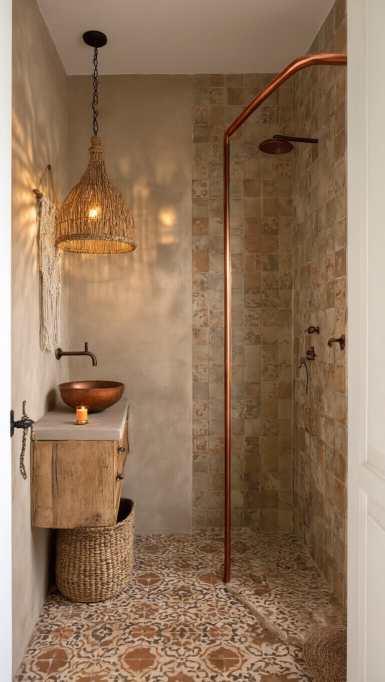 Bohemian cabin bathroom with Moroccan tiles, copper-framed shower, teak vanity, ceramic sink, rattan lighting, and macramé decor, glowing in candlelight.