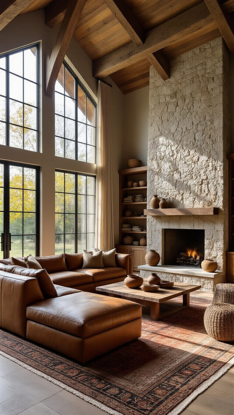 Cozy living room with vaulted ceiling, exposed wood beams, and warm sunlight highlighting a leather sectional, stone fireplace, and rustic decor.