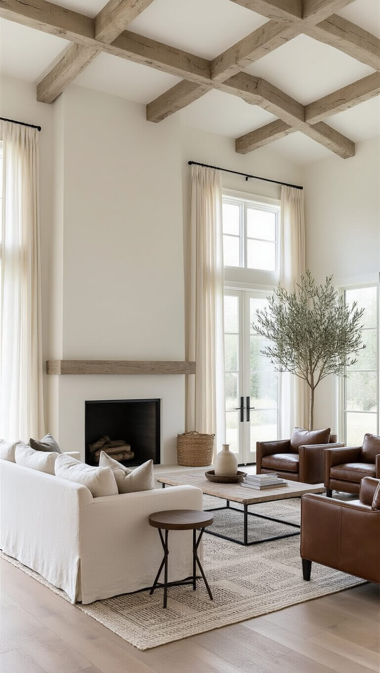 Modern farmhouse great room with whitewashed timber trusses, minimalist stone fireplace, cream linen sofa, leather armchairs, and natural light through sheer curtains.