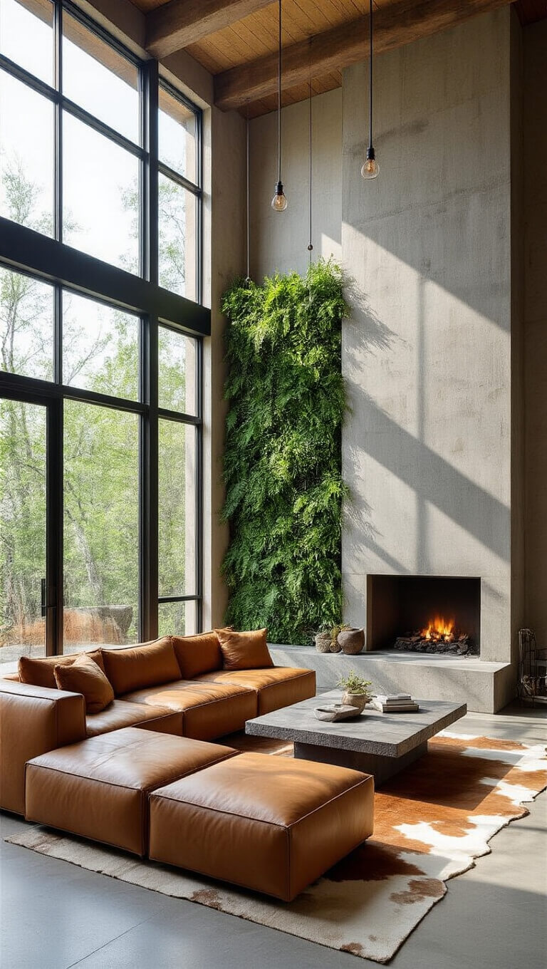 Aerial view of sunlit contemporary rustic living space with large windows, concrete and steel fireplace, camel leather sectional on cowhide rug, raw edge dining table, and living fern wall.