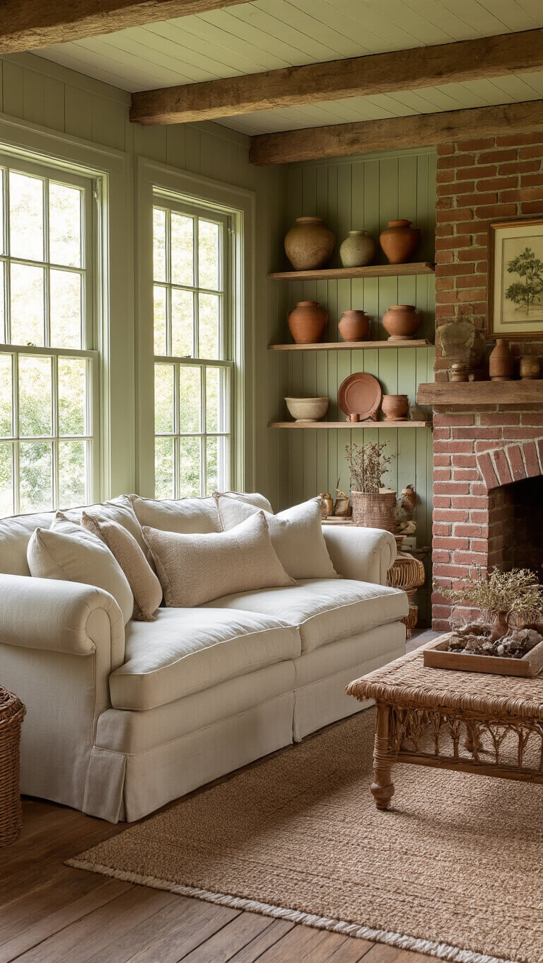 Cozy woodland cottage living room with vintage wood paneling, sunlit English roll arm sofa facing antique brick fireplace, and curated vintage decor in warm, earthy tones.
