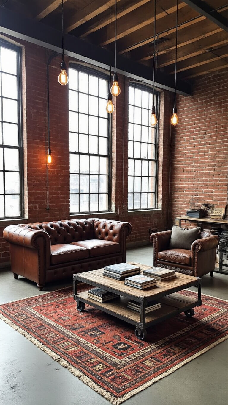 Industrial rustic loft living area with exposed brick walls, steel beams, leather Chesterfield sofa, reclaimed wood and steel furniture, vintage kilim rugs over concrete floors, and Edison bulb lighting, bathed in late morning light from large factory windows.
