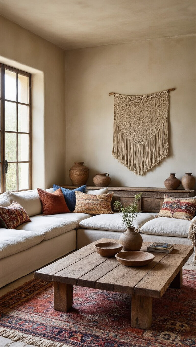 Bohemian rustic family room with linen sectional, Moroccan pillows, reclaimed wood table, vintage rugs, and macramé wall art in diffused afternoon light.