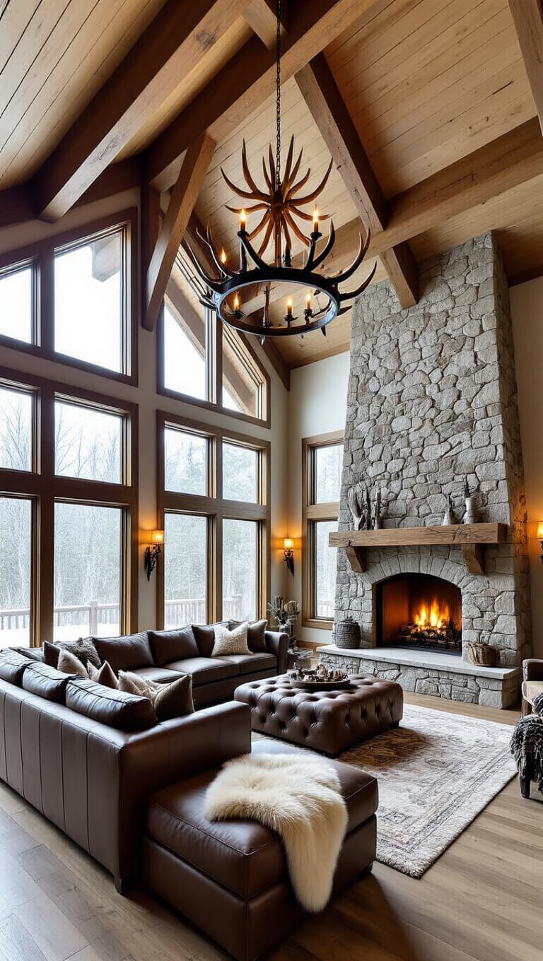 Alpine lodge great room with A-frame ceiling, stone fireplace, leather sectional, antler chandelier, and snow-lit windows, viewed from mezzanine.