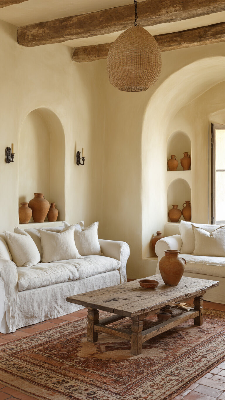 Mediterranean rustic living room with lime-washed walls, linen slipcovered sofas, weathered oak coffee table, vintage olive jars in niches, terracotta tile floors with Persian runners, and warm late afternoon light creating a golden glow.
