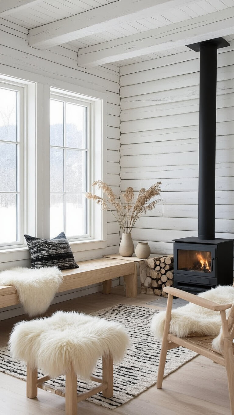 Scandinavian rustic living room with whitewashed log walls, sheepskin-covered bench, modern wood stove, minimalist blonde wood furniture, black metal accents, and dried botanicals in ceramic vases.