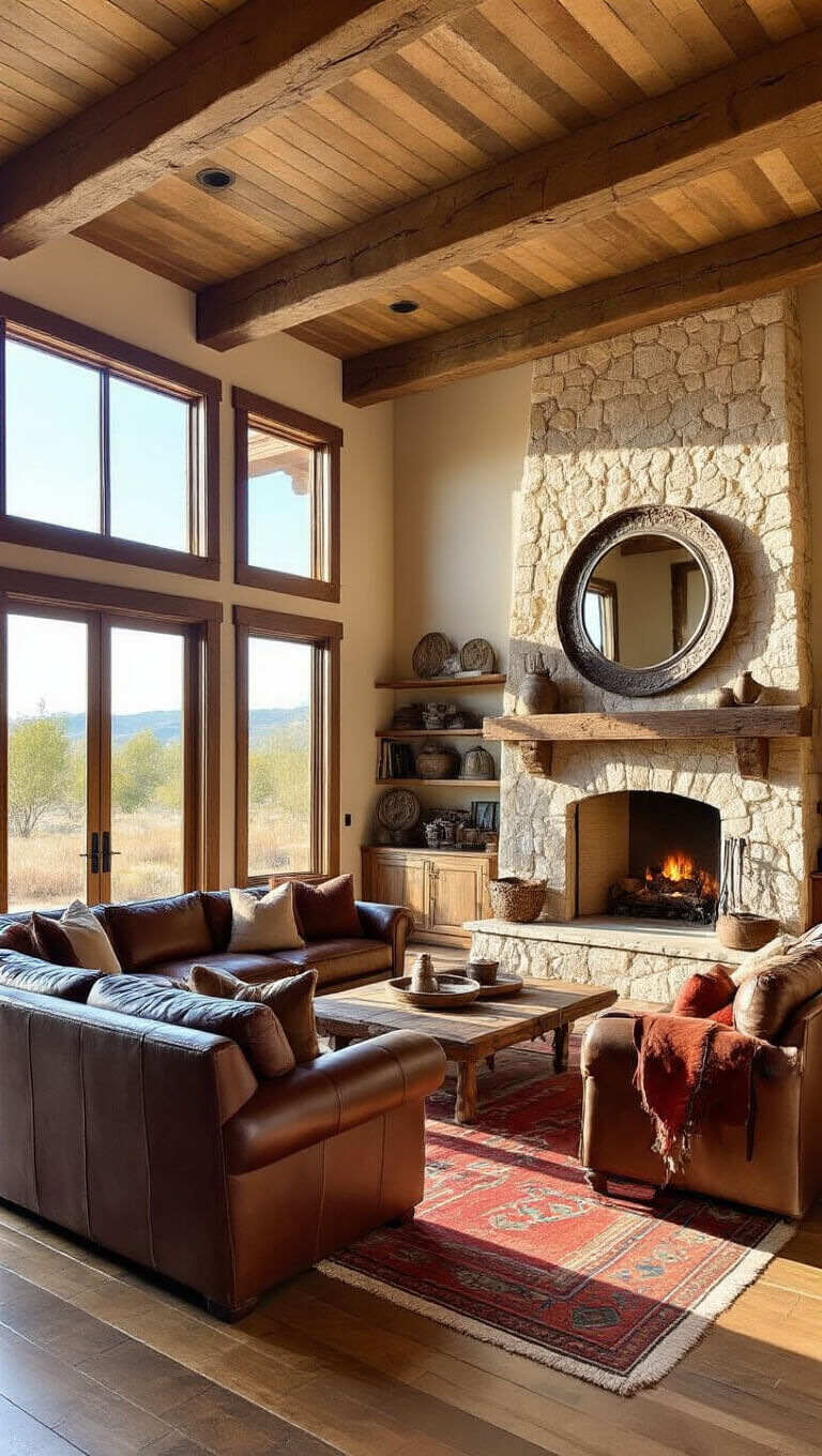 Rustic ranch house great room with rough-hewn ceiling beams, distressed leather sectional, cowhide chairs, stone fireplace, vintage Western decor, and layered Navajo rugs in golden hour light.