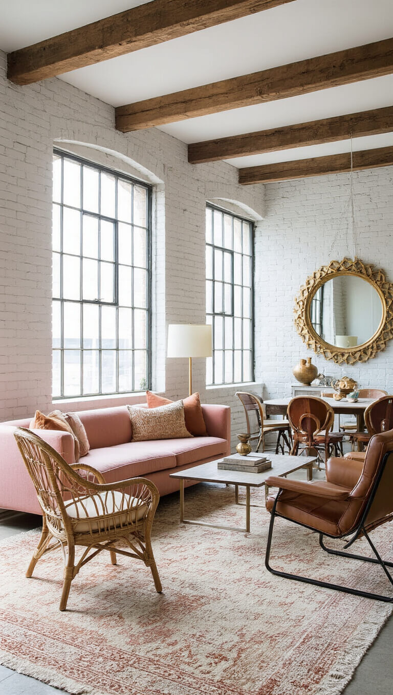 Industrial-style corner living room with pink mohair sofa, rattan chair, leather lounger, layered Moroccan rugs, white brick walls, and morning light casting shadows.