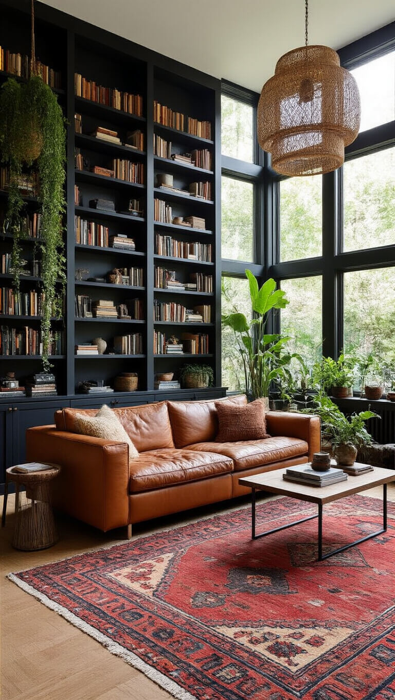 Modern-bohemian living room with cognac leather Togo sofa, charcoal built-in bookshelves, vintage Kilim rugs, rattan pendant, and trailing plants in warm afternoon light.