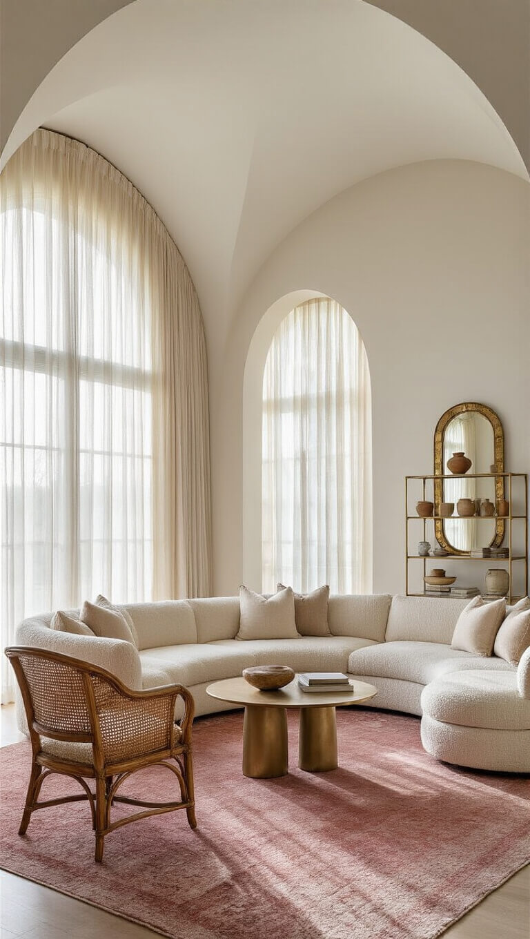 Airy 22x24ft great room with curved cream bouclé sectional, vintage cane chairs, and abstract rug in dusty rose and ochre, filtered early light through sheer curtains, archways, art deco mirrors, brass étagère, and modern light sculpture.