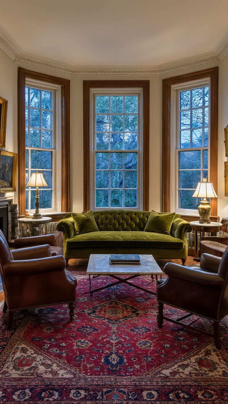 Twilight-lit 14x16ft living room with bay windows, olive velvet settee, vintage leather chairs, layered oriental rugs, gilt-framed oil paintings, marble side tables, and library lamps.