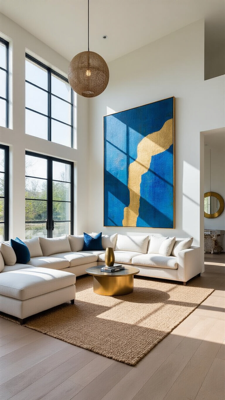 Open-concept living area with double-height black-framed windows, ivory sectional, abstract blue and gold art, jute rug on oak floors, brass sculptures, floor mirror, and ceramic pendant in a bright, airy space.