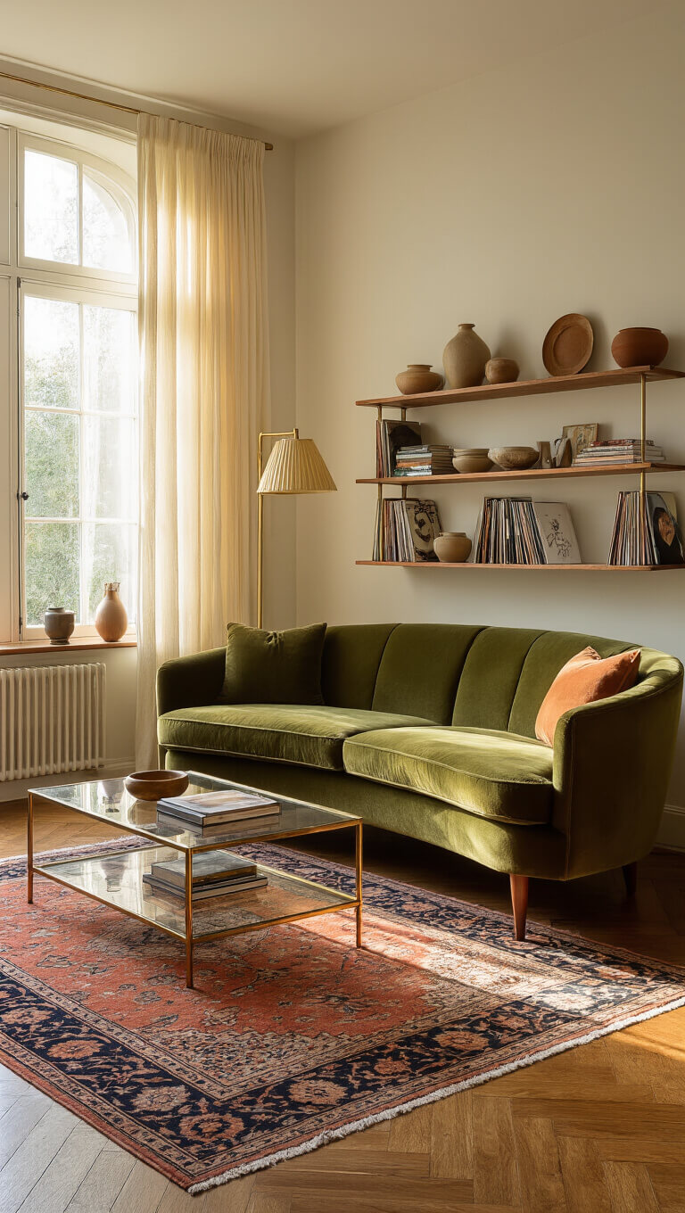 Sunlit midcentury living room with olive green velvet sofa, oak herringbone floors, Persian rug, and brass accents at golden hour.
