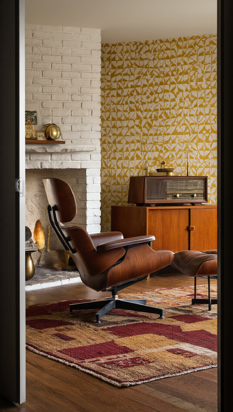 1960s-style den with Eames lounge chair by stone fireplace, teak credenza, vintage decor, and geometric wallpaper, captured at dusk with moody lighting.