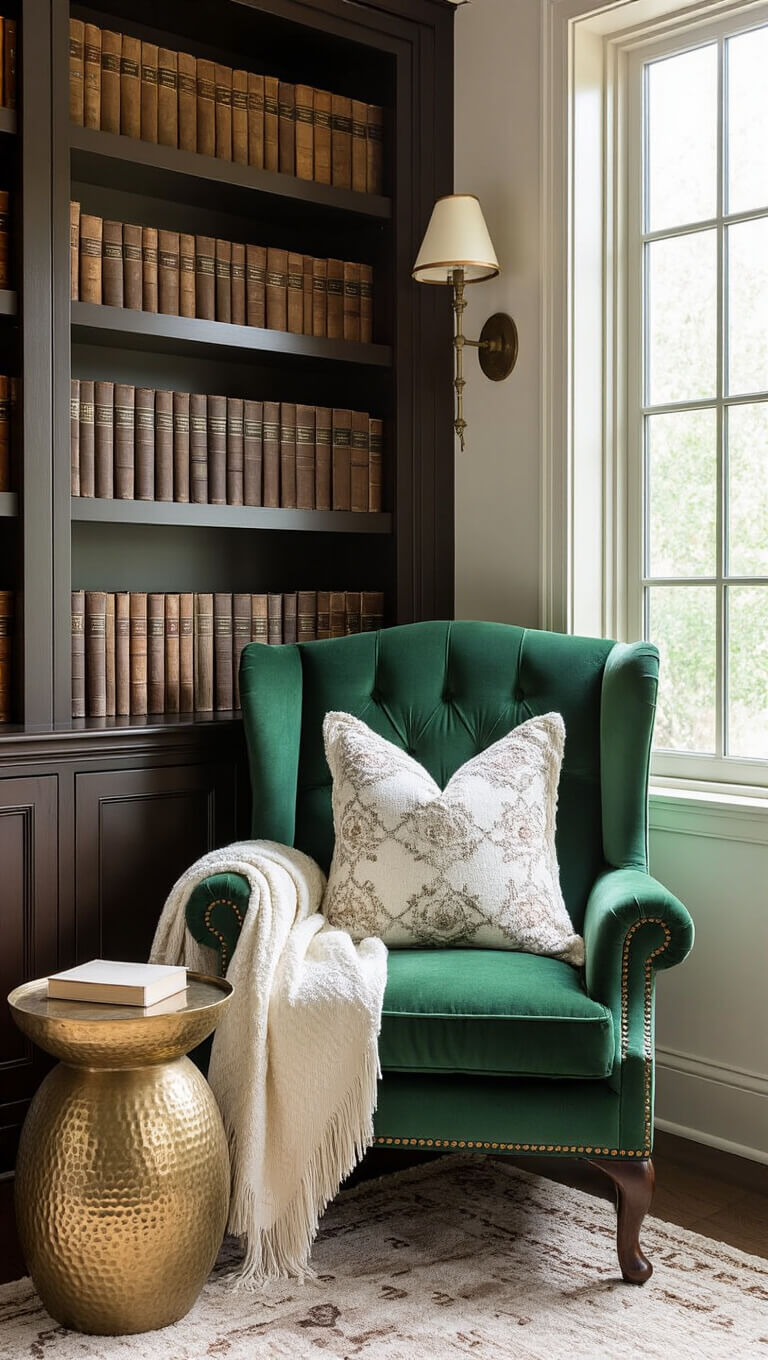 Cozy 14x14ft reading nook with emerald wingback chair, dark walnut bookshelves, Moroccan brass table, and soft ivory textiles lit by diffused morning light.