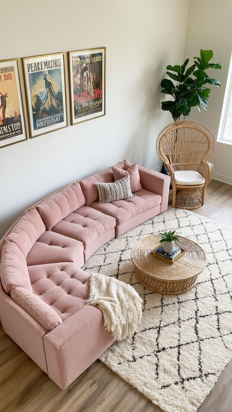 Airy living room with blush pink curved sectional, rattan peacock chair, abstract rug, vintage movie posters, and abundant natural light.