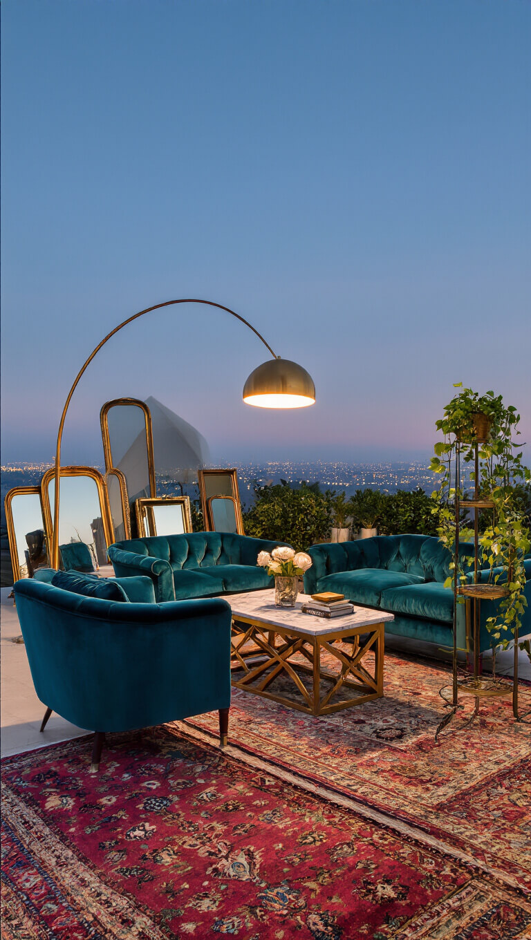 Twilight-lit cozy conversation area with teal velvet armchairs, brass and marble table, arc floor lamp, vintage mirrors, Turkish rugs, and trailing pothos plant.