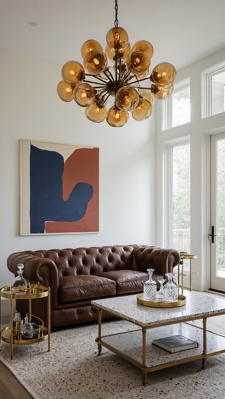Modern-vintage great room with leather Chesterfield, amber glass chandelier, terrazzo coffee table, brass bar cart, and abstract navy and rust artwork, lit by natural and spot lighting.