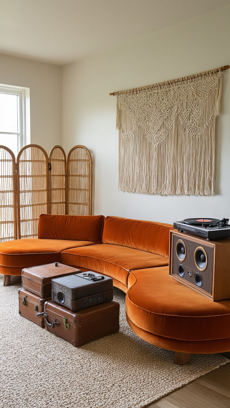 Eclectic 15x18ft lounge with burnt orange curved velvet sofa, rattan screens, walnut console with vintage record player, macramé wall hanging, and stacked vintage suitcases as side table in soft morning light.