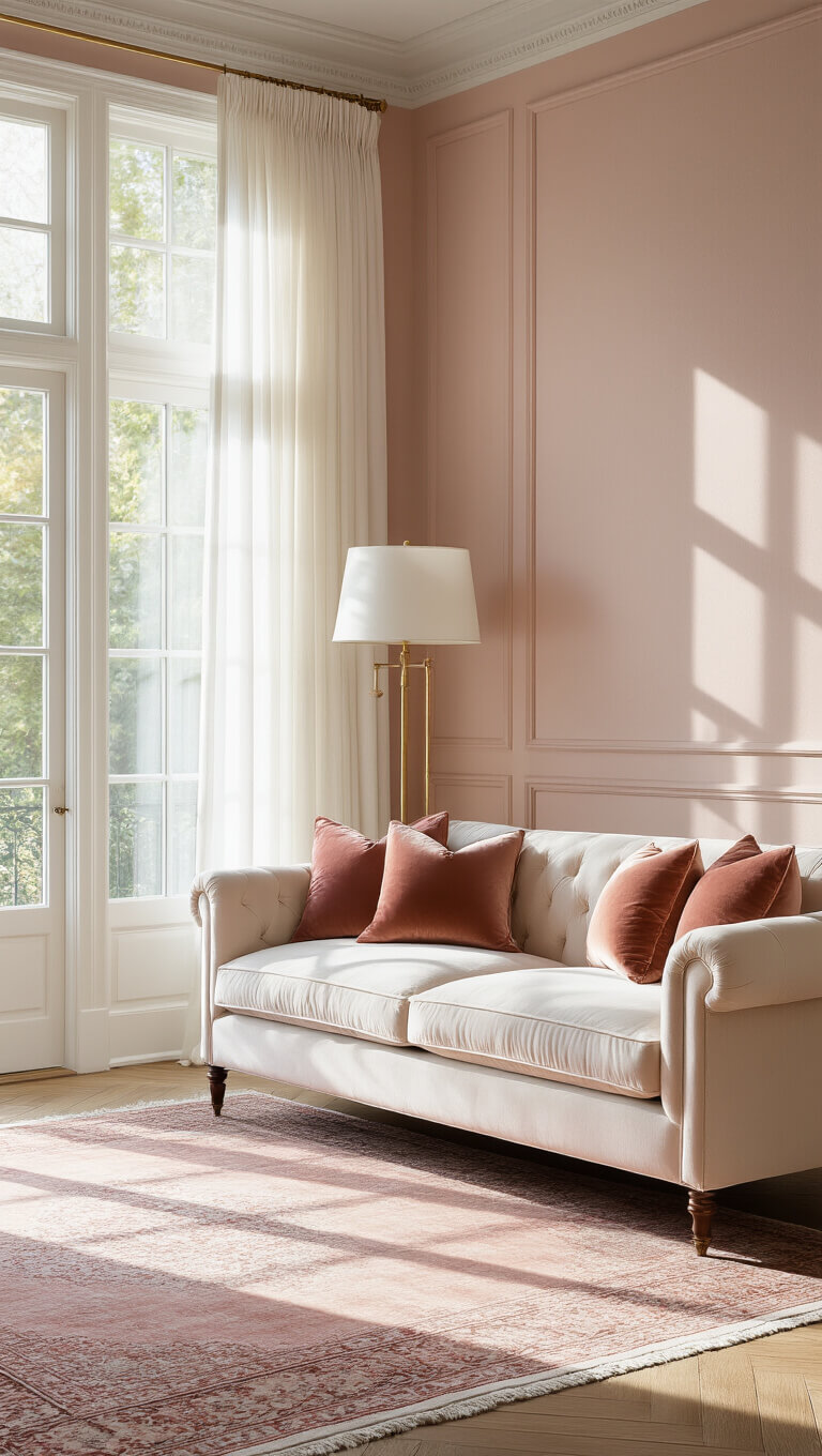 Sunlit living room with blush pink accent wall, cream velvet sofa, silk pillows, brass floor lamp, vintage-style rug, and large south-facing windows with sheer curtains.