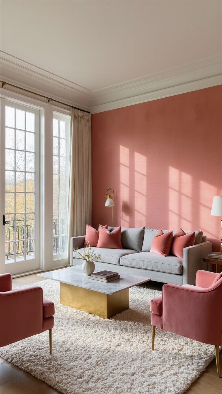 Warm, inviting 15x18ft living room with white crown molding, salmon pink silk feature wall, gray mid-century sofa, pink velvet chairs, brass and marble coffee table, white shag rug, and golden hour lighting through tall windows.