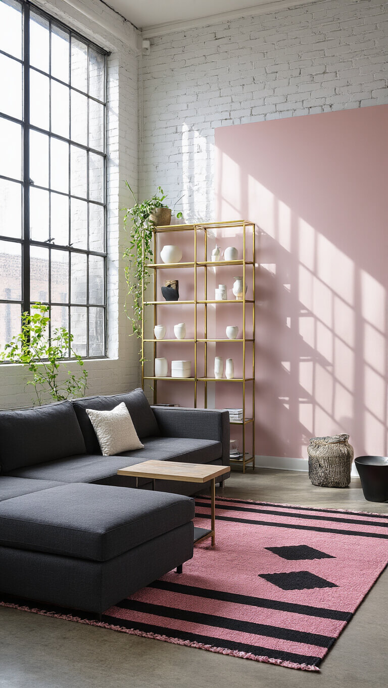 Open-concept 18x22ft living area with white brick walls, industrial windows, millennial pink accent wall, charcoal sectional, gold shelving with ceramics and plants, and geometric black and pink rug.