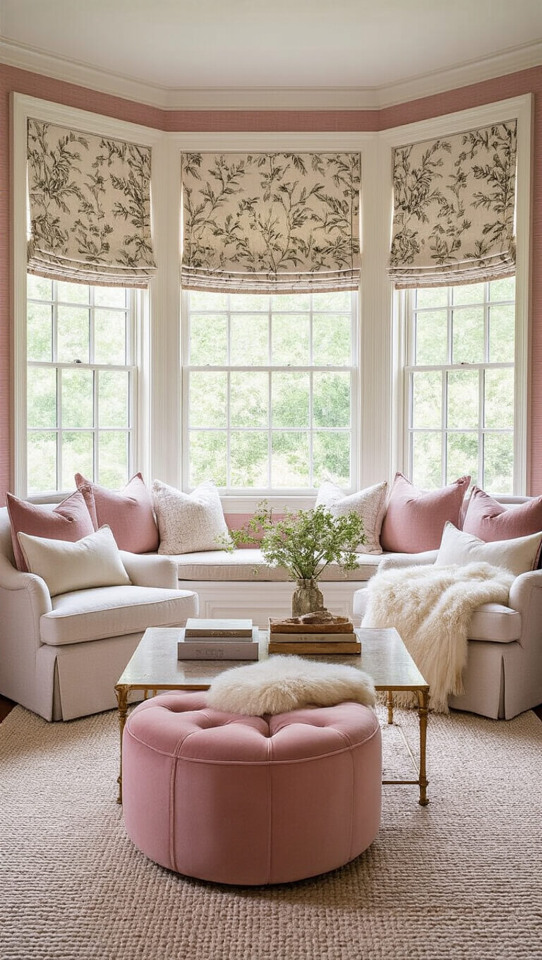 Cozy 16x16ft living room with bay window, dusty rose wallpaper, cream bouclé armchairs, blush velvet ottoman, and soft afternoon light.