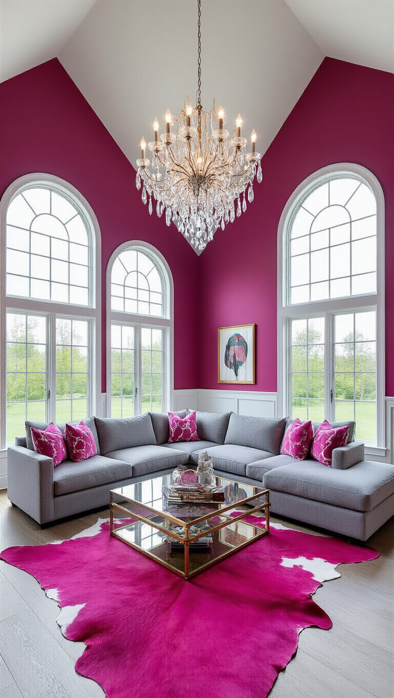 Luxurious vaulted great room with fuchsia accent wall, gray sectional, crystal chandelier, and metallic pink rug viewed from mezzanine level in dramatic evening lighting.