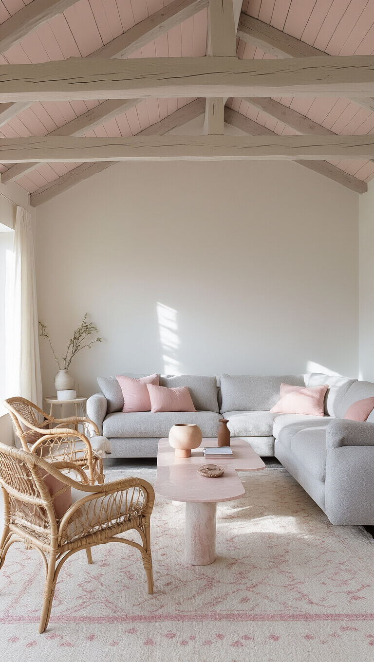 Scandinavian-style living room with pale wood beam ceiling, white and pale pink lime wash walls, light gray boucle sofa, rattan chairs, pink marble coffee table on cream rug, and ceramic decor in natural morning light.