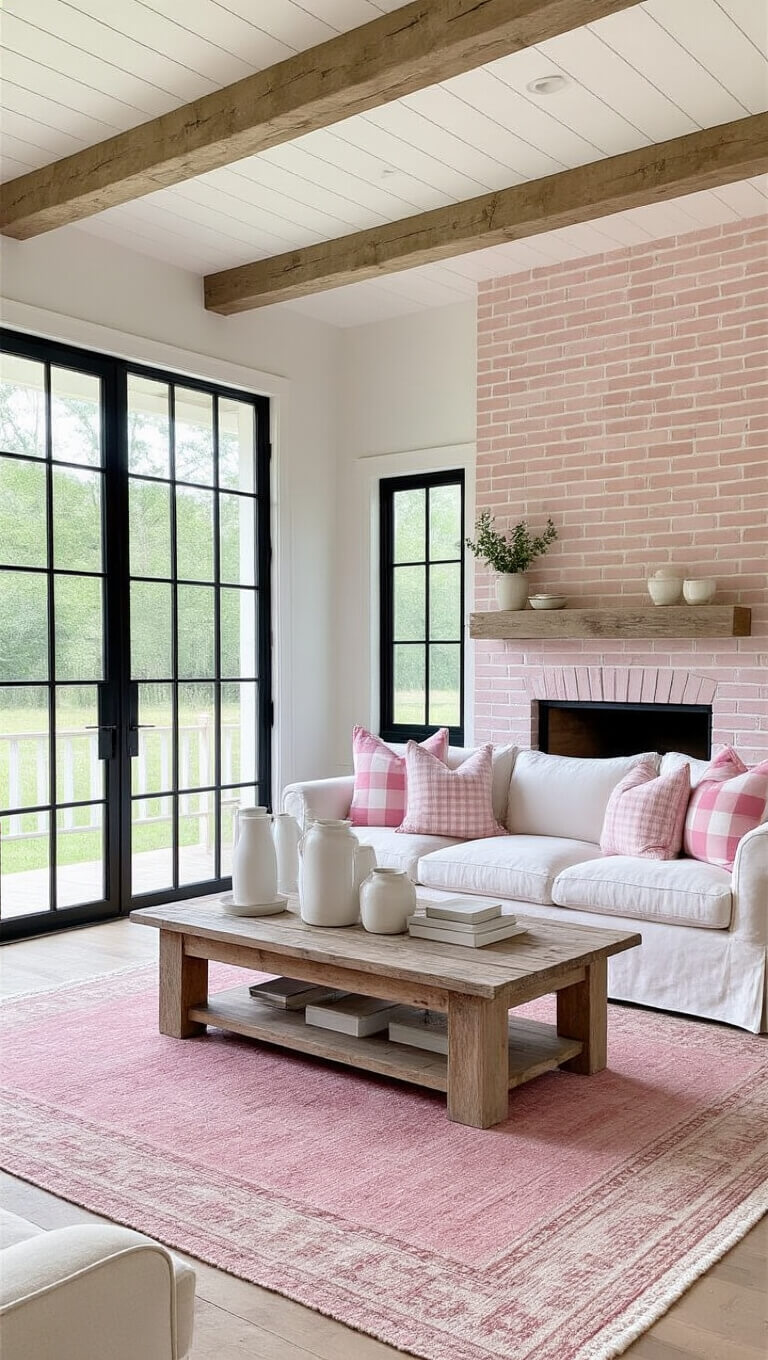 Modern farmhouse living room with shiplap ceiling, pink brick fireplace, white sofa with pink pillows, distressed wood coffee table, and vintage pink rug.
