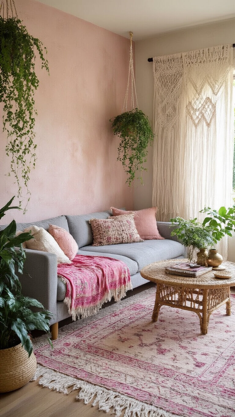 Bohemian 16x20ft living room with blush pink accent wall, macramé curtains filtering afternoon light, gray sofa with pink Moroccan wedding blanket, brass and rattan coffee table on layered vintage rugs, and hanging plants creating an eclectic, artistic atmosphere.
