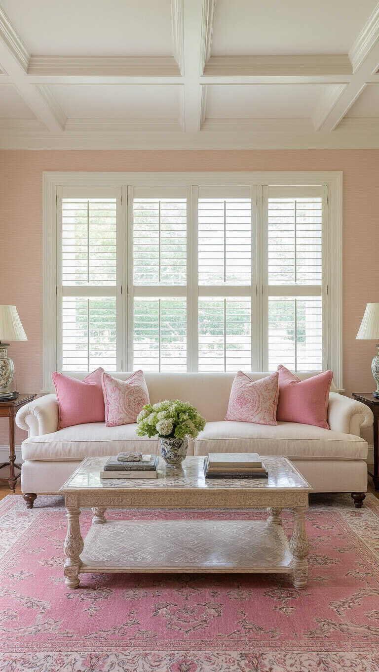 Bright transitional living room with coffered ceiling, pale pink grasscloth walls, cream roll-arm sofa, pink pillows, inlaid mother of pearl coffee table, antique pink Oushak rug, and morning light through plantation shutters.