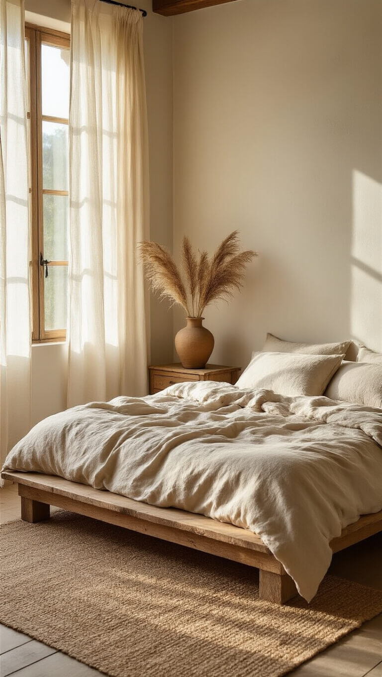 A cozy 12x14ft bedroom with golden hour light filtering through linen curtains, highlighting a low wooden platform bed with oatmeal linen bedding, a vintage vase with pampas grass on a rustic nightstand, and a jute rug over hardwood floors.