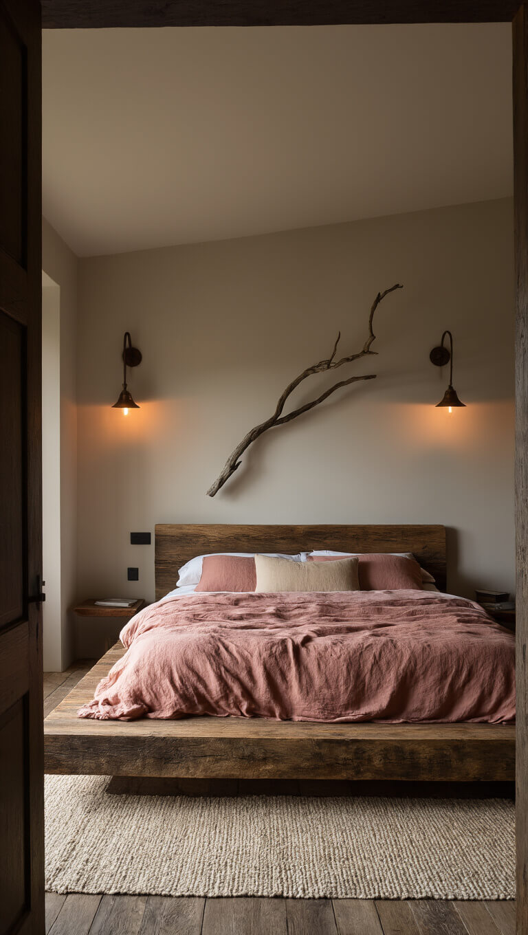 Primary bedroom at dusk with floating reclaimed timber bed, clay pink linen duvet, bronze sconces, driftwood wall art, and cream wool rug on wide-plank floors.