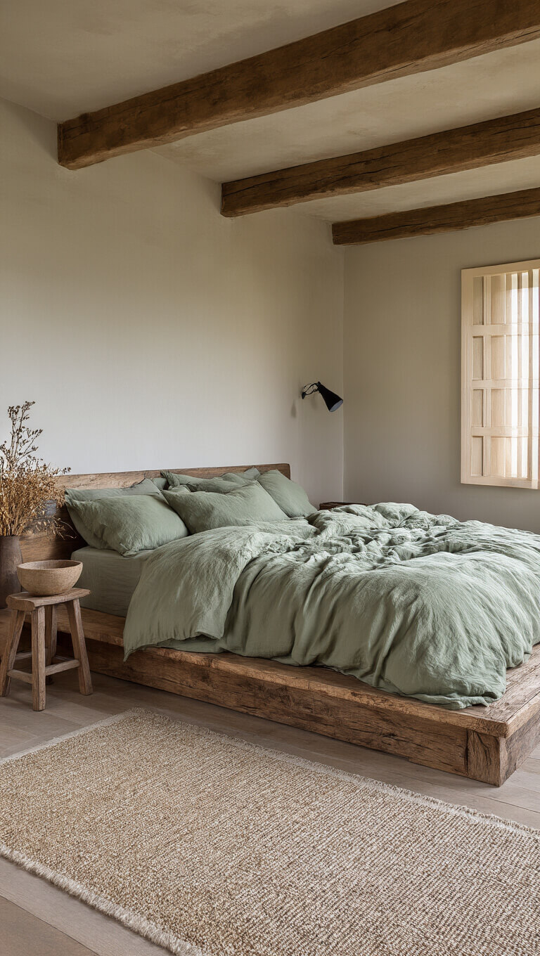Cozy 11x13ft bedroom with low platform bed in aged barn wood, moss green and grey linen bedding, stone bowl of dried botanicals on wooden stool, exposed beams, and soft afternoon light through paper screens.