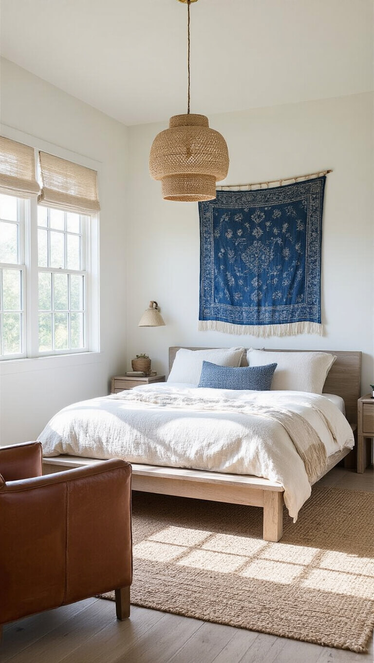 Minimalist 14x16ft bedroom with teak platform bed, gauze bedding, ceramic pendant light, vintage indigo wall hanging, and weathered leather chair in bright midday light.