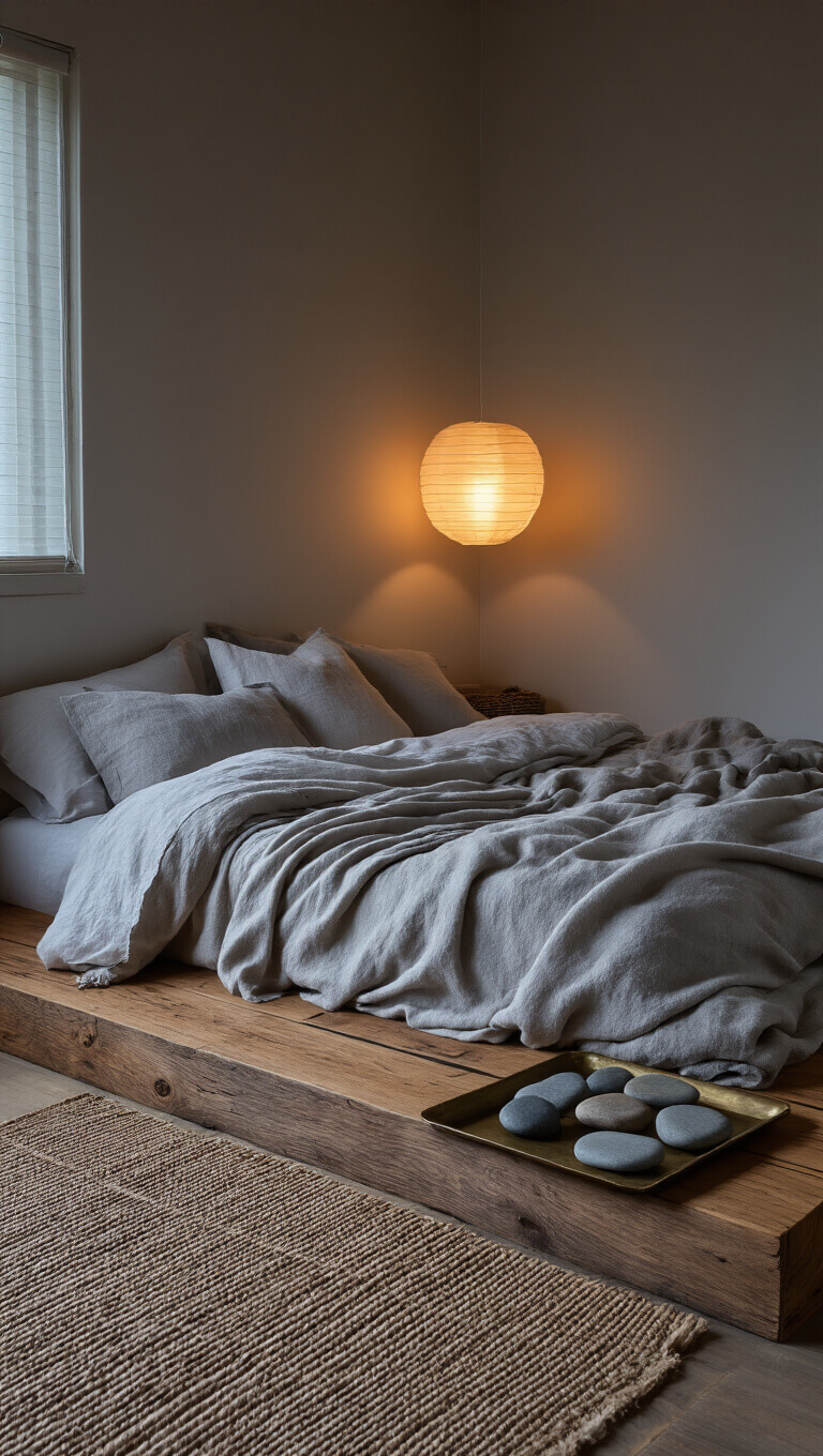 Cozy 12x12ft twilight bedroom with raw wood platform bed in warm grey linens, soft paper lantern glow, river stones on brass tray, and handwoven reed mat.