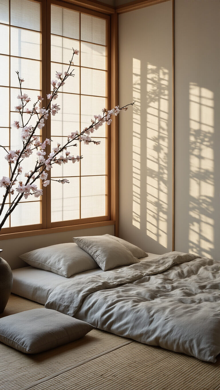 Tranquil 13x15ft bedroom at dawn with low futon bed, bamboo screen casting shadows, cherry blossoms in ceramic vase, and wooden meditation cushion in soft morning light.