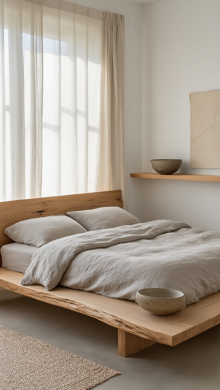 Minimalist 12x14ft bedroom with low oak platform bed, pale grey linen bedding, floating shelf with ceramic bowl, raw silk curtains, and handmade paper art in bright daylight.